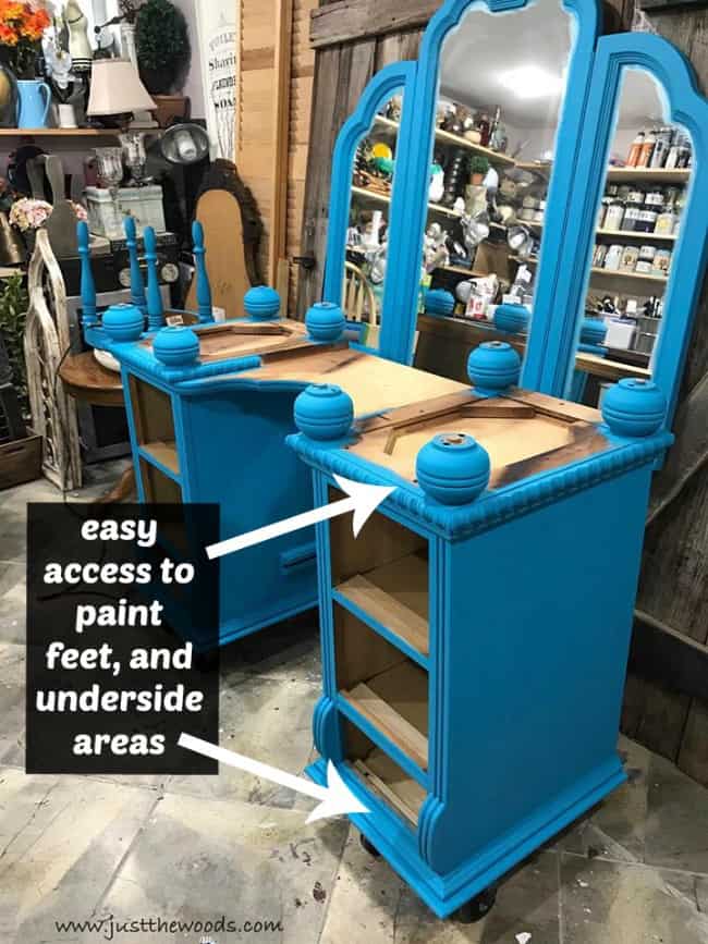 blue painted vanity, decoupage vanity, decoupage drawers