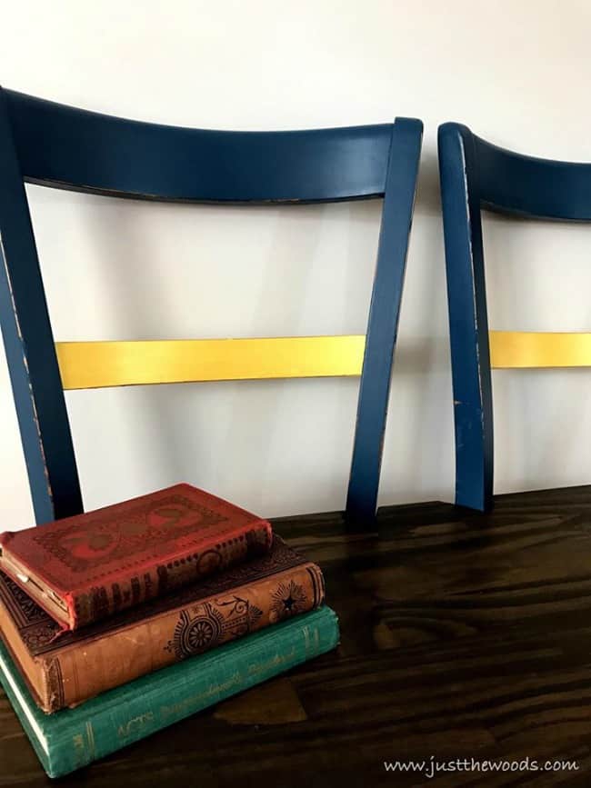 metallic paint, blue and gold painted furniture, repurposed chairs into a bench