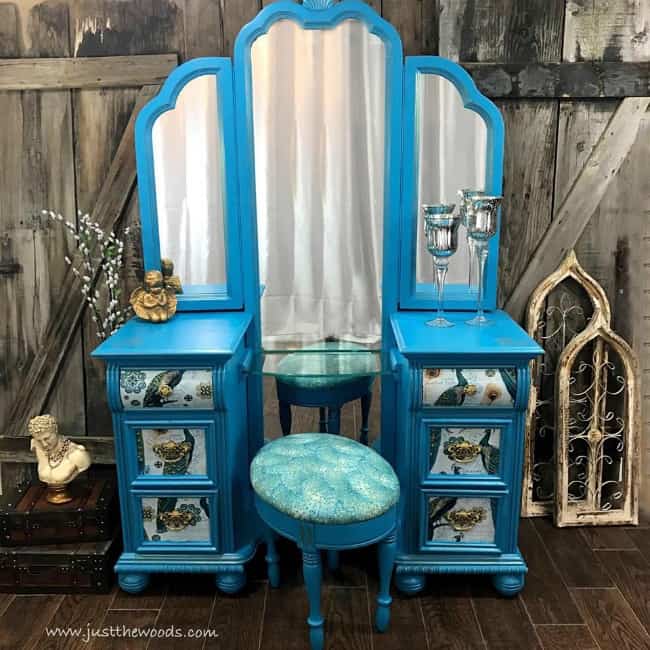 decoupage with mod podge, fabric decoupage, how to decoupage furniture, painted vanity