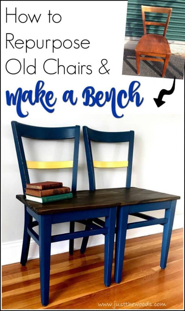 You can make a DIY bench from chairs with a few easy steps. Old chairs laying around? Repurpose those old chairs and build a bench. DIY bench from vintage chairs #DIYbench #handmadebench #buildabench #chairbench #benchfromchairs #DIYwoodenbench #howtobuildabench #howtomakeabench #diywoodbench #diybenchseat