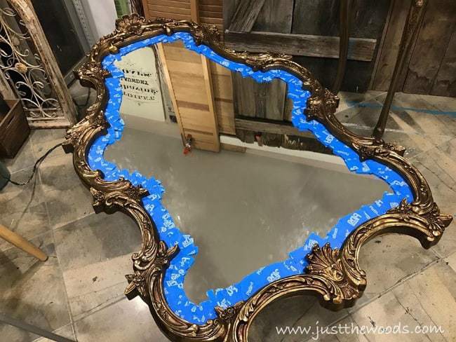 taping a ornate mirror, scotch blue platinum, painters tape, painting an ornate mirror, vintage mirror