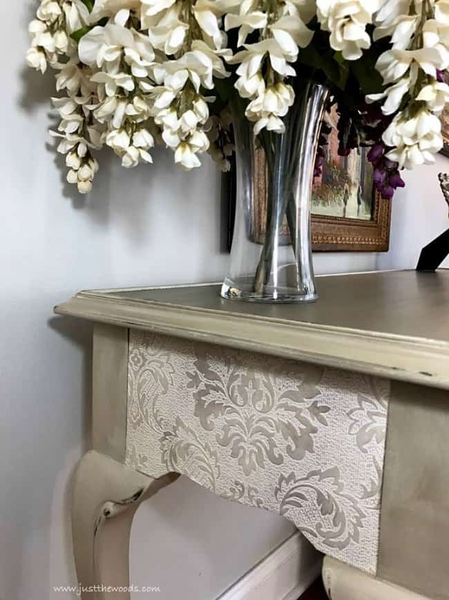 damask wallpaper, decoupage wallpaper, painted table, elegant painted sofa table