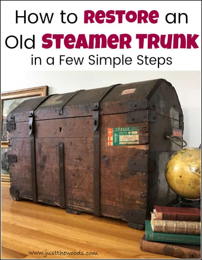 Steamer trunk restoration project, remove mildew odor, secure old labels and learn How to Restore an Old Steamer Trunk in a Few Simple Steps. #steamertrunk #trunkrestoration #howtorestoreanoldtrunk #restoringoldtrunks #antiquetrunkrestoration #howtocleananoldsteamertrunk #refinishedtrunk #steamertrunk #removemildewodor #removeodor