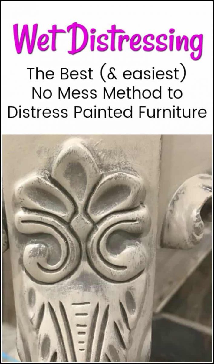 The Best No Mess Method to Distress Painted Furniture. Learn how to wet distress. The easiest way to age & distress painted furniture without the mess. |wet distress | wet distressing | how to wet distress painted furniture |
