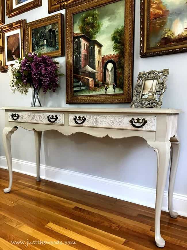 damask print on drawers, decoupaged drawers, painted table, long wood table