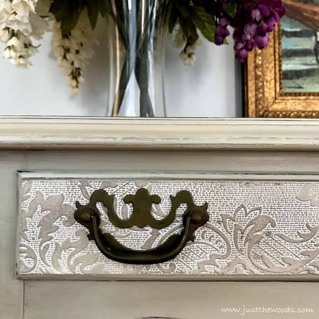 painted sofa table, decoupaged drawer fronts, vintage hardware on painted table