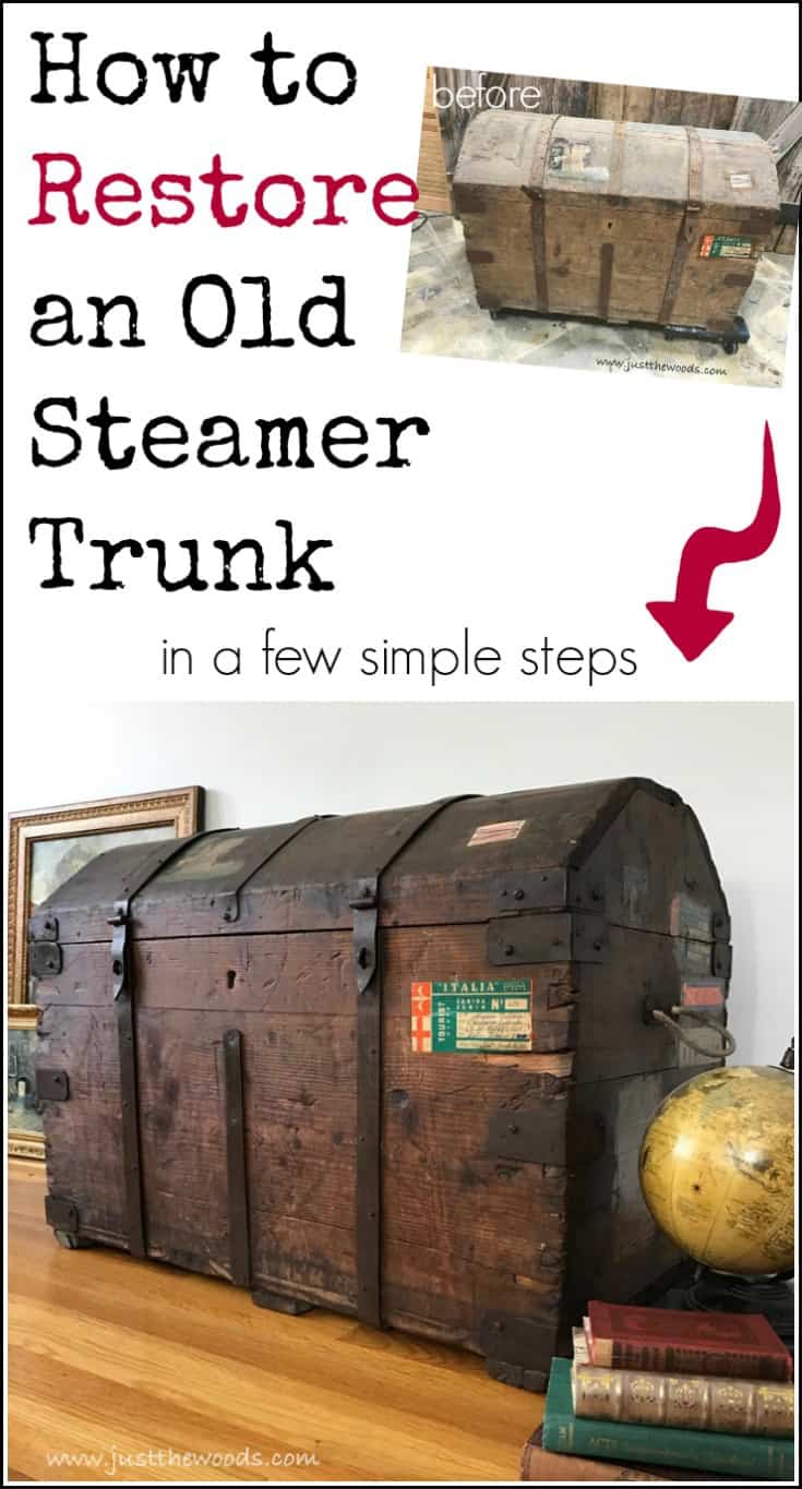 Steamer trunk restoration project, remove mildew odor, secure old labels and learn How to Restore an Old Steamer Trunk in a Few Simple Steps. #steamertrunk #trunkrestoration #howtorestoreanoldtrunk #restoringoldtrunks #antiquetrunkrestoration #howtocleananoldsteamertrunk #refinishedtrunk #steamertrunk #removemildewodor #removeodor