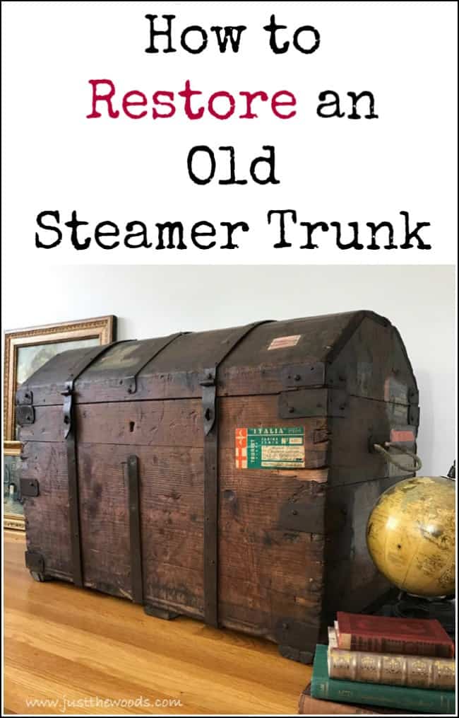 Steamer trunk restoration project, remove mildew odor, secure old labels and learn How to Restore an Old Steamer Trunk in a Few Simple Steps. #steamertrunk #trunkrestoration #howtorestoreanoldtrunk #restoringoldtrunks #antiquetrunkrestoration #howtocleananoldsteamertrunk #refinishedtrunk #steamertrunk #removemildewodor #removeodor