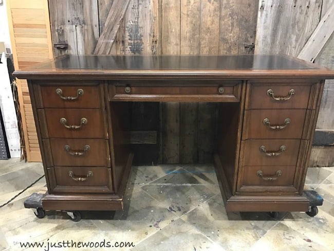 vintage desk, executive desk, wood desk, leather top desk