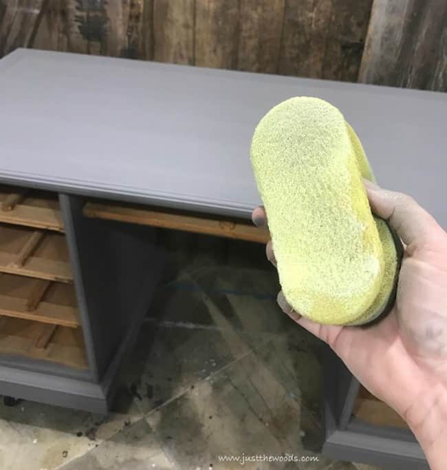 apply clear sealer, yellow sponge, gray painted desk