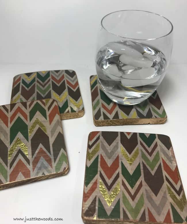 how ot make coasters, easy diy coasters, decoupaged coasters, gold leaf coasters