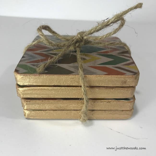 diy coasters, gold lead trim coasters, handmade coasters, wood coasters