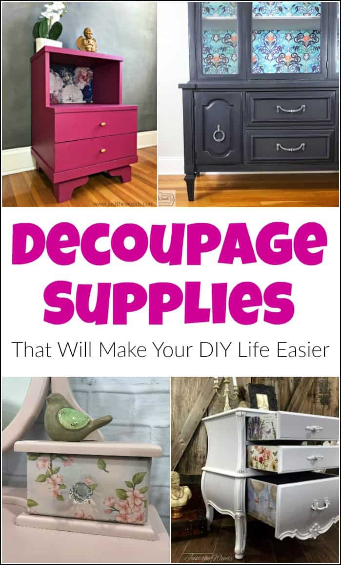 Decoupage Supplies. When you want to know where to find decoupage supplies and what you need for decoupage projects. Decoupage materials found online. #decoupage #decoupagesupplies #tissuedecoupage #wheretobuydecoupagetissue #decoupageglue #decoupagenapkins #decoupagefurniture