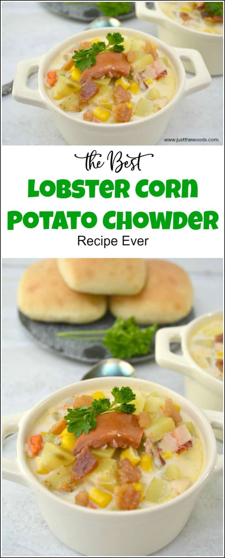 When looking for chowder recipes this lobster corn potato chowder can't be beat. See how to make chowder at home with everyday ingredients. This chowder recipe can be eaten as a side, appetizer or a meal. | chowder recipes | chowder recipe | lobster chowder | how to make chowder | corn chowder | potato chowder