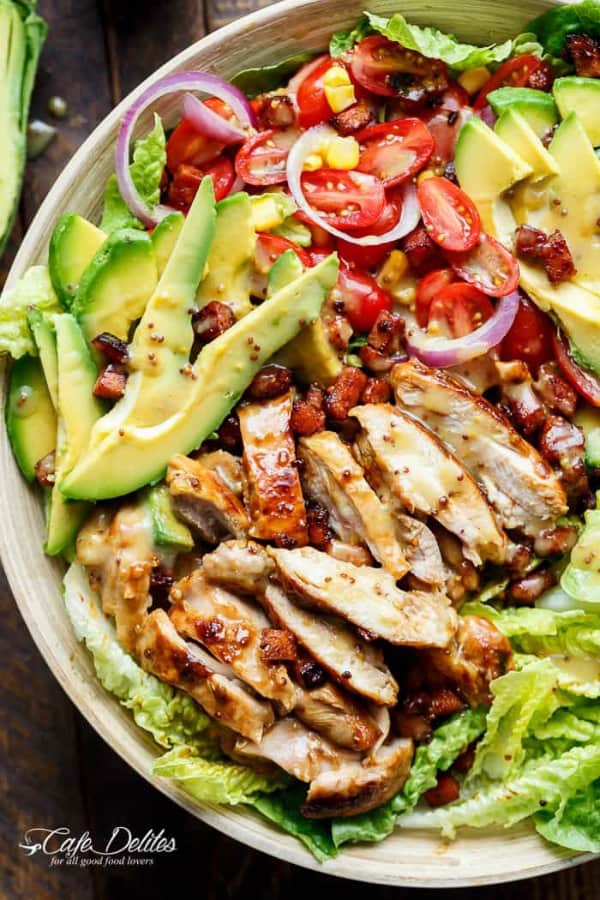 healthy salad recipes, healthy salads, honey mustard chicken avocado salad