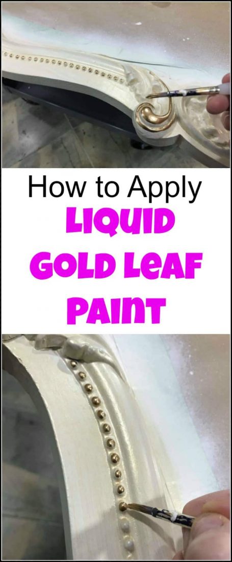 Looking for the best liquid gold leaf? Look no more. This liquid leaf is easy to use and creates a gold metallic luster to your project for an elegant touch. See how to apply gold leaf with a short video and find where to buy gold leaf paint. | liquid gold paint | gold leaf paint | liquid leaf | liquid gold leaf paint | painted furniture | painted mirror | ornate mirror | gold mirror | gold leaf painted mirror
