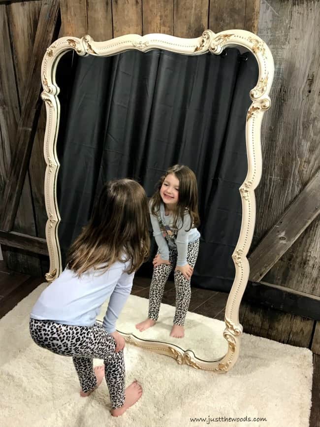 layla in front of mirror, gold leaf painted mirror, liquid gold leaf on painted mirror