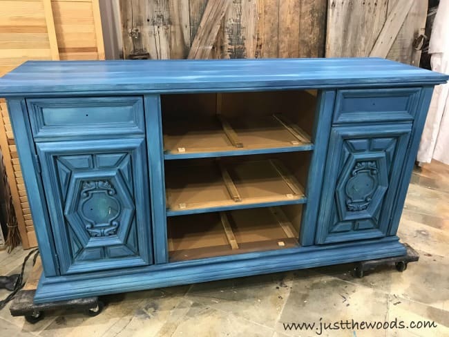 blue buffet, vintage buffet painted blue, layer paint techniques, distressed furniture painting techniques