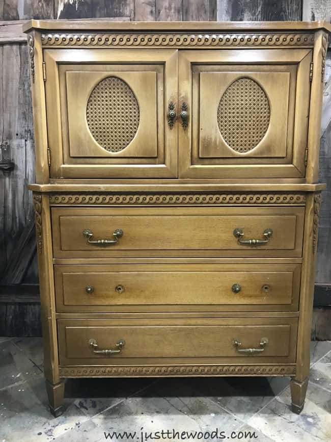 vintage dresser, vintage armoire, tall dresser, wood dresser, cane on dresser