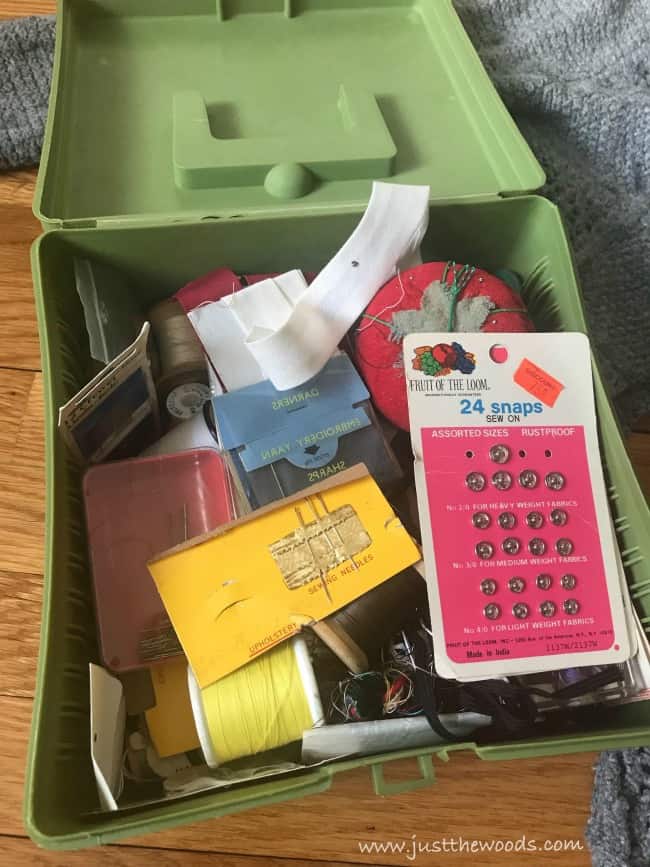 old sewing kit, sewing box, recycled sweater ideas, upcycled sweaters