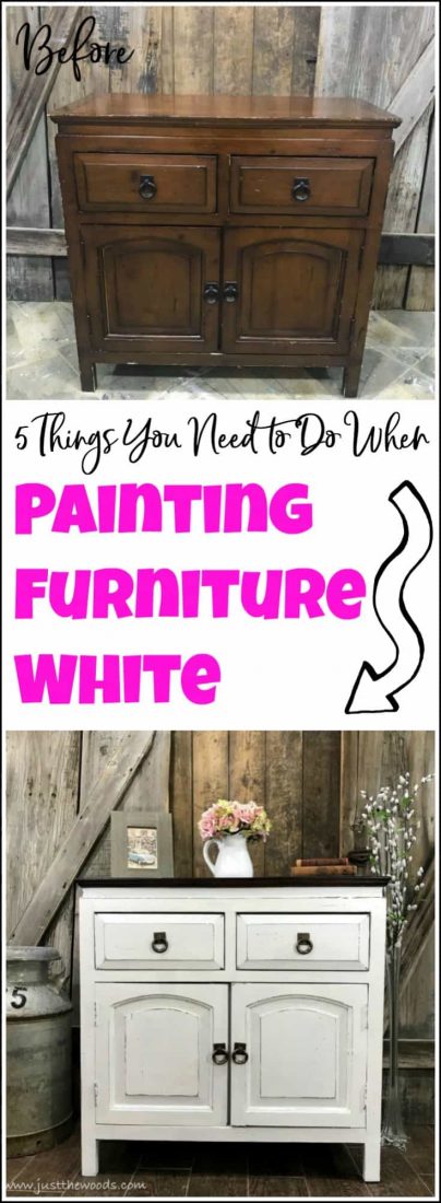 Curious how to paint furniture white? Is there a secret to painting white furniture? This cabinet is given a white painted furniture makeover. Follow these 5 tips to painting furniture white for a result you will love. painted furniture, white painted furniture, furniture painting, white furniture paint, painting wood furniture white, how to paint furniture distressed white. 