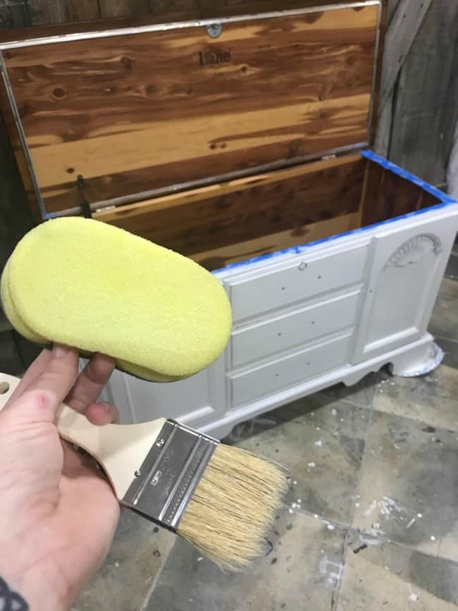 yellow sponge, apply sealer, painted hope chest, lane cedar chest