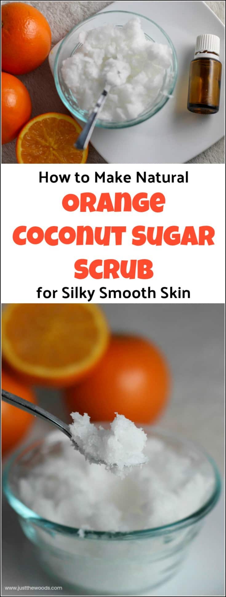 Orange Coconut Sugar Scrub. Combine the amazing benefits of orange essential oil with coconut oil for a natural and aromatic homemade sugar scrub. This coconut oil sugar scrub recipe will leave your skin silky smooth. Orange coconut sugar scrub is perfect to keep all to yourself or gift to someone special. Sugar scrub recipes with coconut oil, DIY sugar scrub coconut oil, sugar scrub with coconut oil.