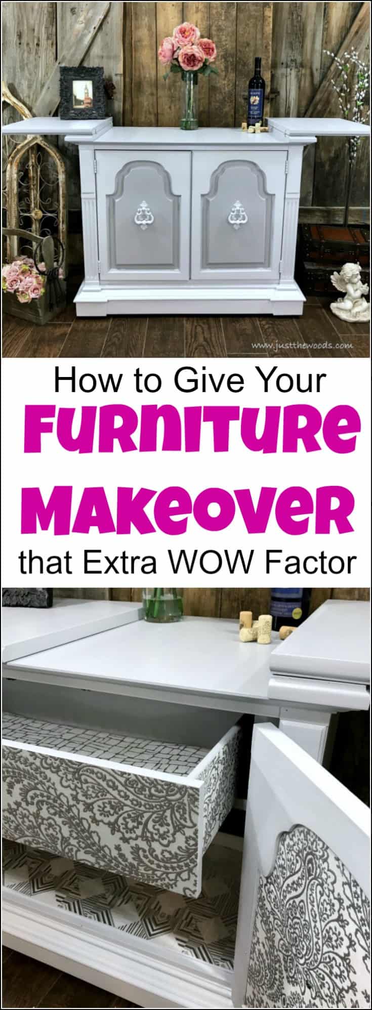 Give your furniture makeover that extra wow factor with wallpaper decoupage. Learn how to make your painted furniture makeovers stand out by adding wallpaper to furniture. #Furnituremakeoverideas #furnituremakeovers #beforeandafter #furnituremakeovers #DIYfurnituremakeovers #refurbishingfurniture #paintedfurniturebeforeandafter