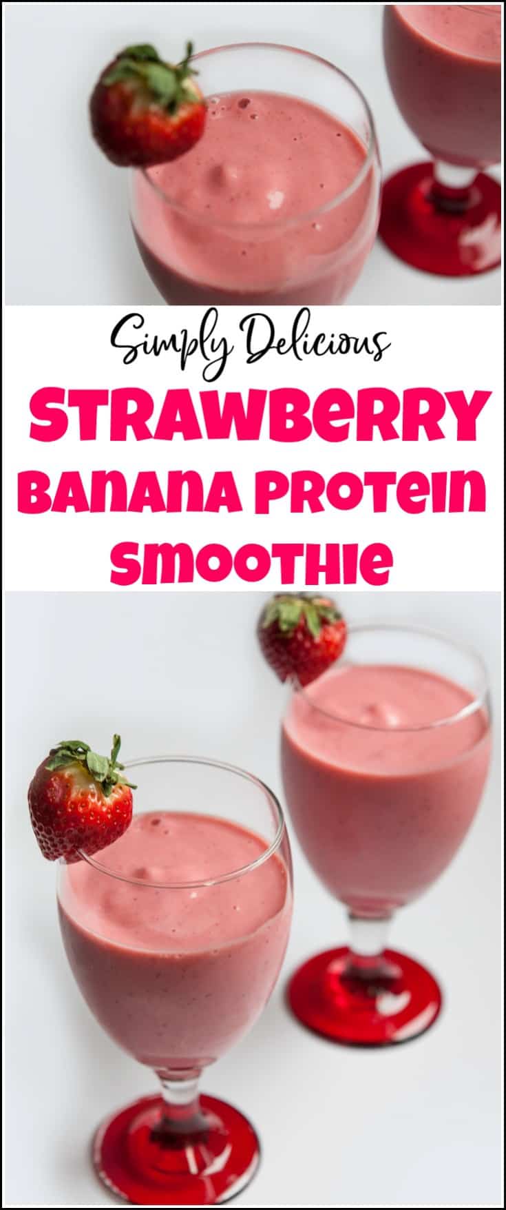 Enjoy this delicious strawberry banana protein smoothie for a snack or breakfast. Healthy and delicious smoothie with protein. This protein fruit smoothie is sure to please your taste buds. strawberry banana protein shake, strawberry protein smoothie, strawberry protein shake recipe, protein smoothie recipe.