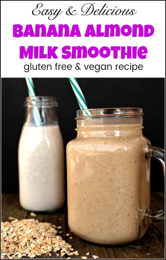 This tasty banana almond milk smoothie is both delicious and healthy. As an added bonus, the oats make it filling enough to be an on the go meal. A delicious breakfast smoothie or a delicious snack. almond milk banana smoothie, banana smoothie with almond milk, healthy smoothies with almond milk, smoothie with almond milk, banana smoothie