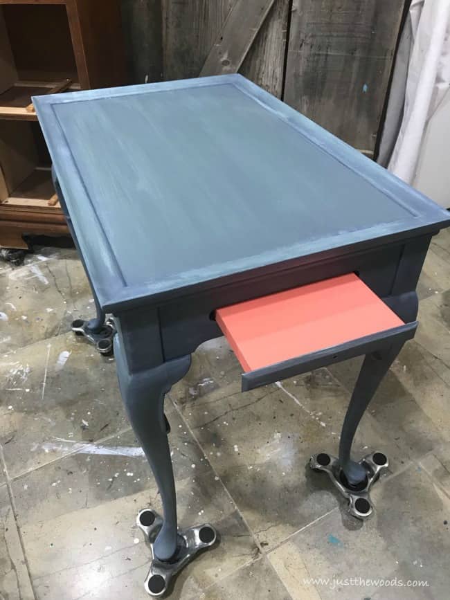 painted table, pop of color, coral drawers, tea table