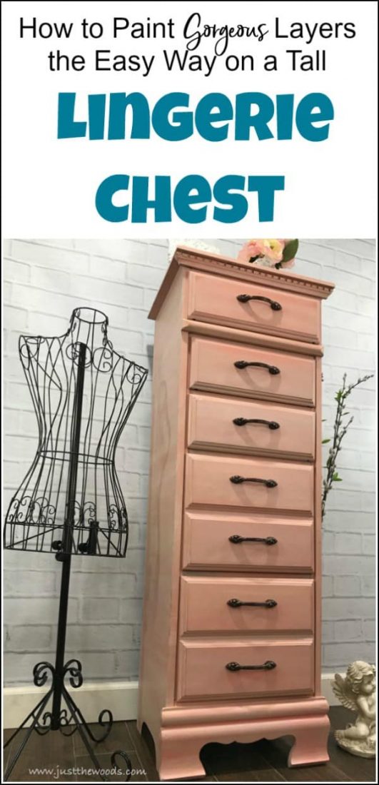 A tall lingerie chest gets a painted furniture makeover with gorgeous painted layers, whitewash and gilding wax. See how this lingerie chest of drawers is transformed with soft layers of coral and apricot by Dixie Belle Paint. Details are accented with bronze gilding wax to compliment the new bronze hardware pulls. #paintedfurniture #lingeriechest #lingeriedresser #paintedlayers #gildingwax #furnituremakeover #dixiebellepaint #dlawlesshardware