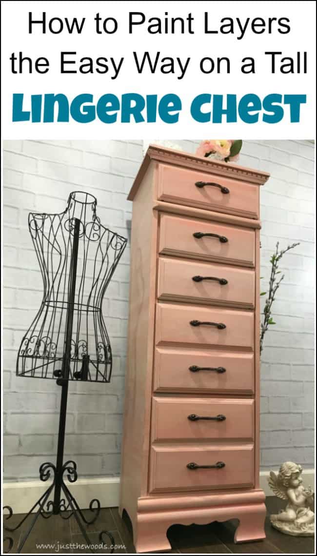 A tall lingerie chest gets a painted furniture makeover with gorgeous painted layers, whitewash and gilding wax. See how this lingerie chest of drawers is transformed with soft layers of coral and apricot by Dixie Belle Paint. Details are accented with bronze gilding wax to compliment the new bronze hardware pulls. #paintedfurniture #lingeriechest #lingeriedresser #paintedlayers #gildingwax #furnituremakeover #dixiebellepaint #dlawlesshardware