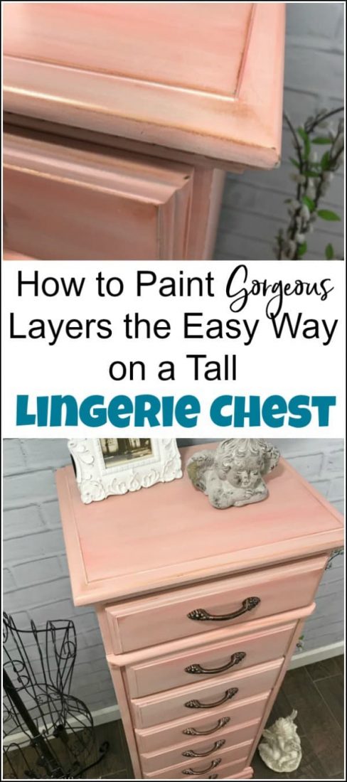 A tall lingerie chest gets a painted furniture makeover with gorgeous painted layers, whitewash and gilding wax. See how this lingerie chest of drawers is transformed with soft layers of coral and apricot by Dixie Belle Paint. Details are accented with bronze gilding wax to compliment the new bronze hardware pulls. #paintedfurniture #lingeriechest #lingeriedresser #paintedlayers #gildingwax #furnituremakeover #dixiebellepaint #dlawlesshardware