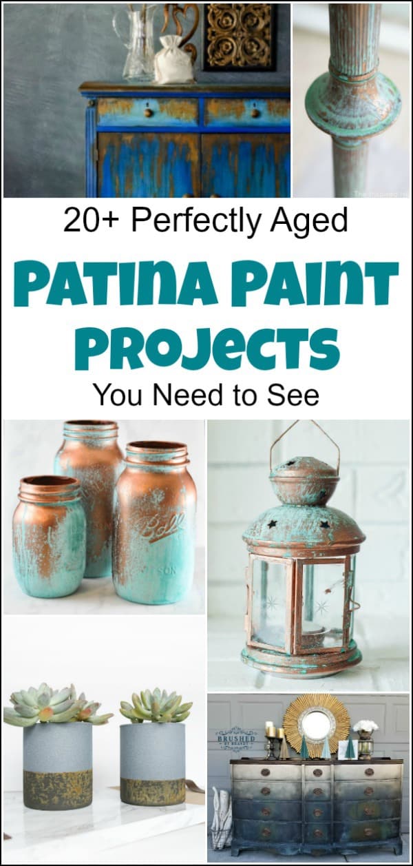 Patina paint projects are perfect for those who love that aged patina effect. Not everyone loves shiny and new. Some of us are more drawn to old things. Patina paint can be used to age your furniture and create a worn metallic finish. Use a patina paint job on your next DIY creation for a worn aged look. #patinapaint #patinapaintjob #copperpatinapaint