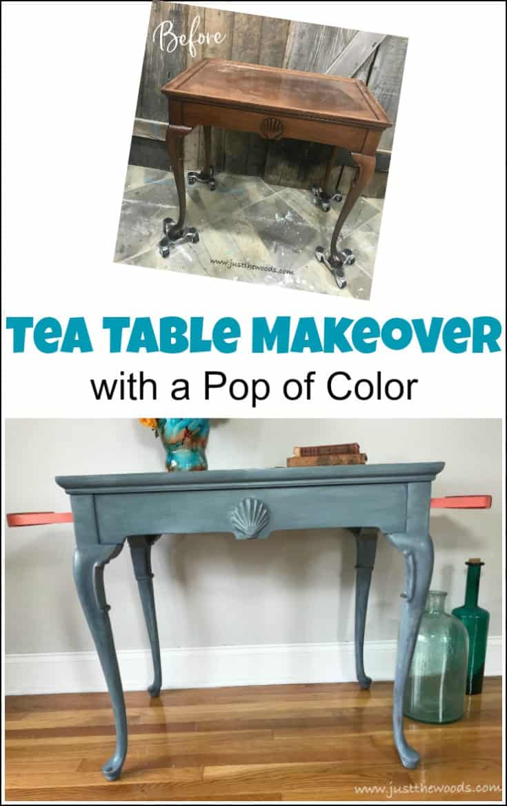 Make your painted furniture projects stand out with a pop of color. This tea table makeover combines a blended and layered painted furniture technique with a bold pop of coral on the drawers. #paintedfurniture #paintedteatable #teatablemakeover #paintedtable #chalkpaintedfurniture