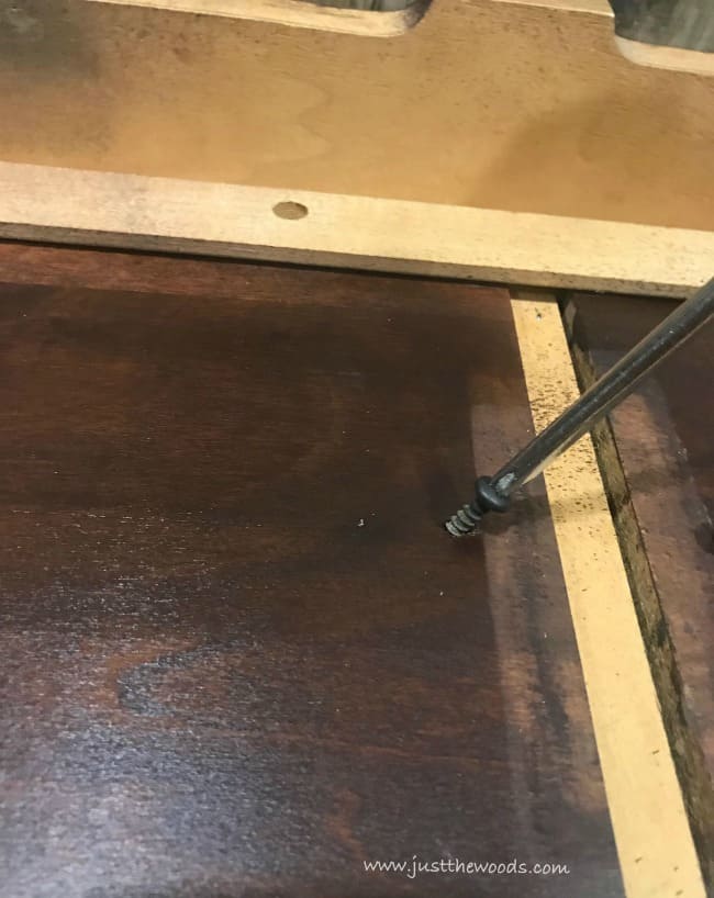 remove wooden drawers, remove screws, tea tabe