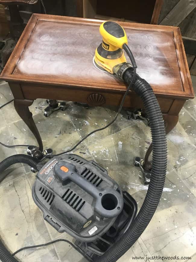 sanding inside, sand wood table, orbital sander, table makeover