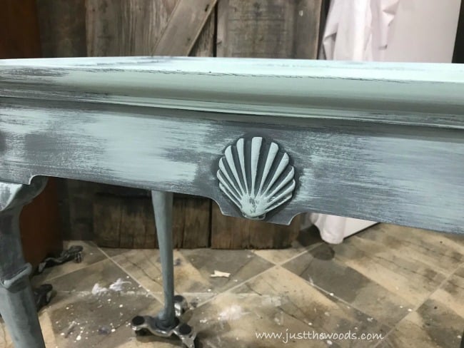 dixie belle paint, sea glass chalk paint, seashell wood table