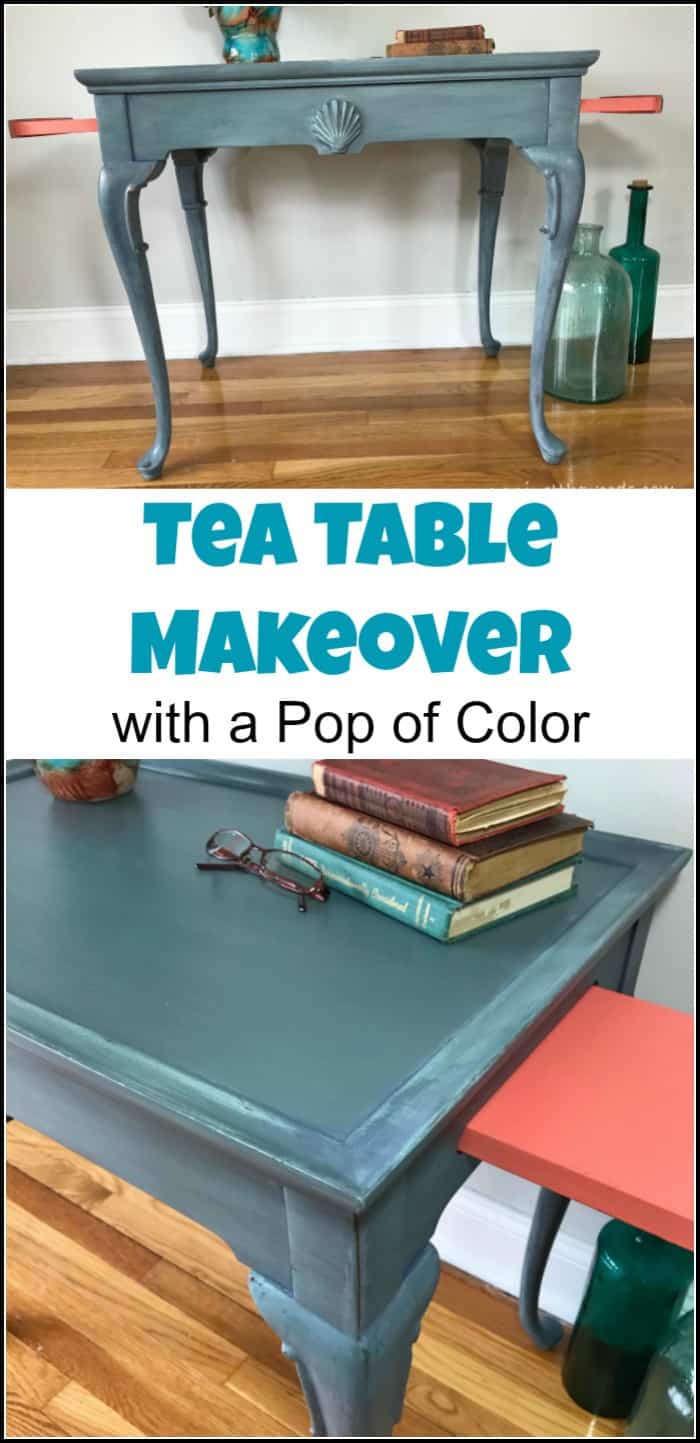 Make your painted furniture projects stand out with a pop of color. This tea table makeover combines a blended and layered painted furniture technique with a bold pop of coral on the drawers. #paintedfurniture #paintedteatable #teatablemakeover #paintedtable #chalkpaintedfurniture