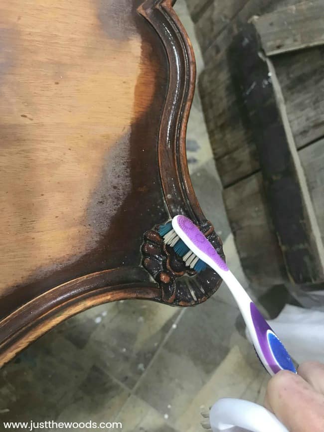 clean old furniture with toothbrush, prep furniture for paint