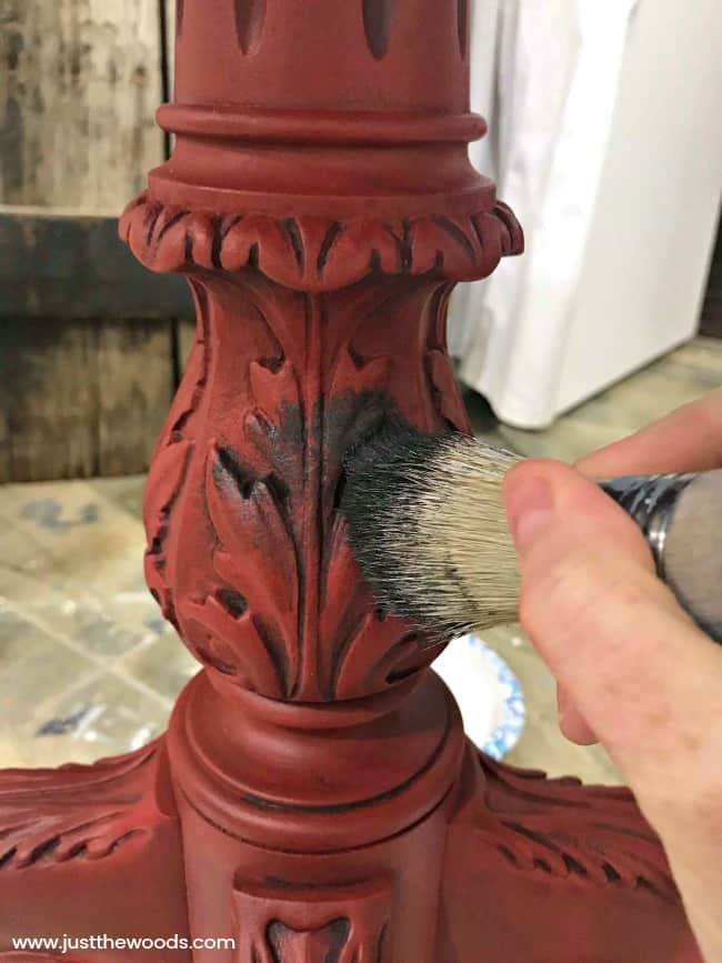 black glaze over red paint, applying furniture wax, how to wax painted furniture, waxing furniture