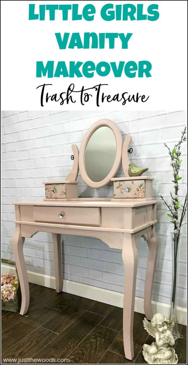 A curbside find transformed into something beautiful for a little girls play vanity. Painted furniture to the rescue to save this little girl vanity table. With some paint, decoupage and new hardware this girls vanity is a beauty. See how to transform your old furniture for a like new little girls vanity. #paintedfurniture #littlegirlsvanity #paintedfurniturebeforeandafter #paintedfurnituremakeover #girlsvanity #girlsvanitytable #decoupage