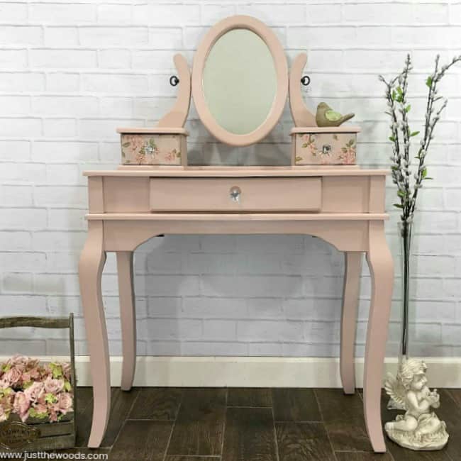 pink painted furniture, pink wooden vanity, little girls vanity makeover