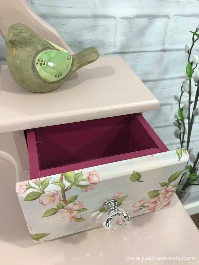 decoupage drawers, little girls vanity, floral print on drawers, girls vanity makeover