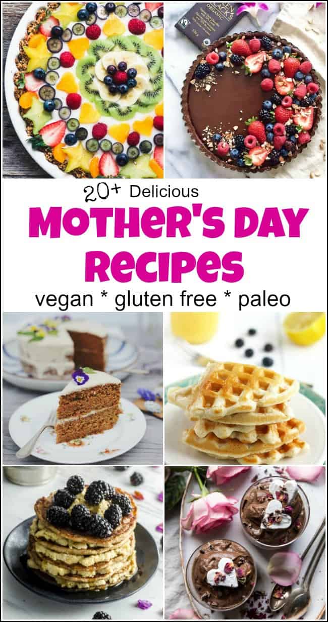 Treat mom to something delicious and healthy this Mothers Day. These Mother's Day recipes are packed with all of the good stuff and none of the bad. With a variety of vegan mothers day recipes and a few gluten-free recipes and even paleo, there is certainly something for that special lady in your life. #mothersdayrecipes #mothersdaydinnerrecipes #motheresdaybrunchrecipes #mothersdayveganrecipes