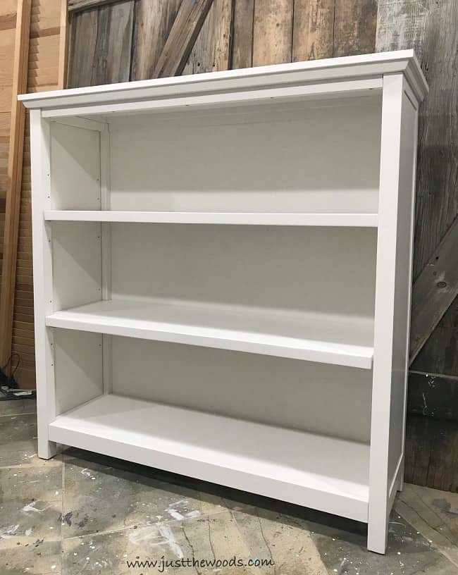 pottery barn bookcase, cameron bookcase, white bookcase, painting laminate furniture