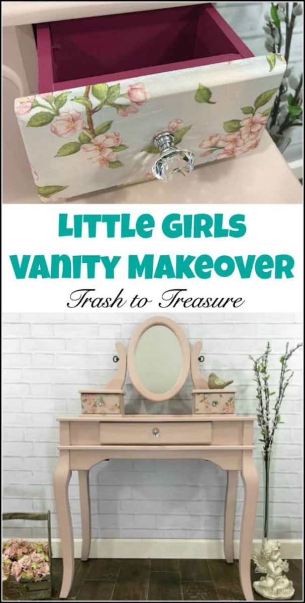 A curbside find transformed into something beautiful for a little girls play vanity. Painted furniture to the rescue to save this little girl vanity table. With some paint, decoupage and new hardware this girls vanity is a beauty. See how to transform your old furniture for a like new little girls vanity. #paintedfurniture #littlegirlsvanity #paintedfurniturebeforeandafter #paintedfurnituremakeover #girlsvanity #girlsvanitytable #decoupage