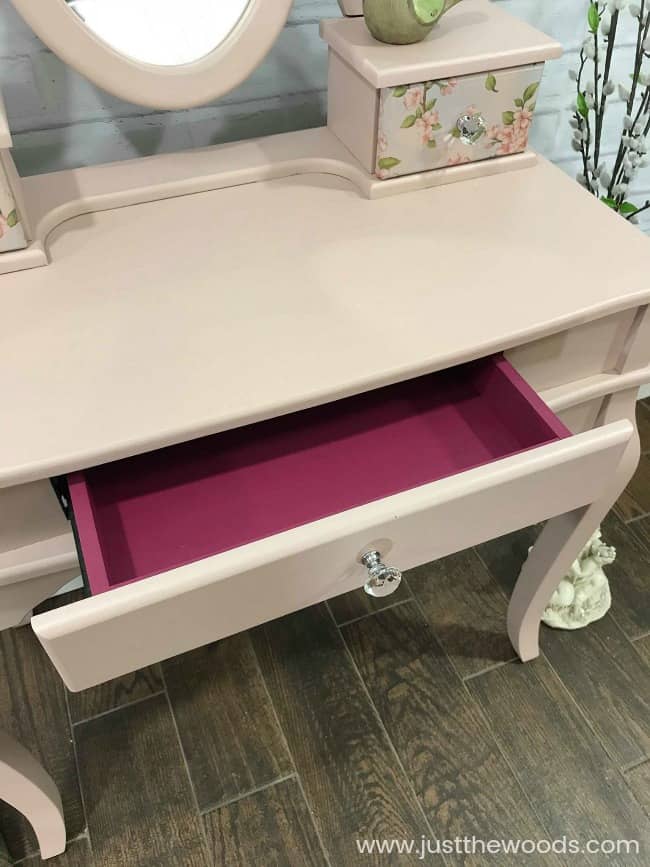 little girls vanity, girls vanity, pink painted vanity, paint inside drawers