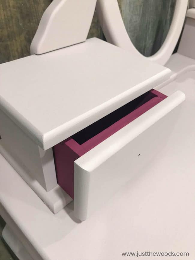 hot pink painted furniture, pink painted furniture, little girl vanity, play vanity for girl, childrens makeup vanity